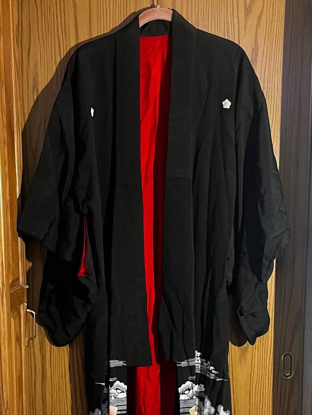 Black Kimono Jacket with Red Lining Landscape Motif- Traditional Style